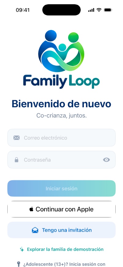 Pantalla de inicio de sesión de Family Loop con el logotipo, campos de correo electrónico y contraseña, e Iniciar sesión, Continuar con Apple, Tengo una invitación y Explorar la familia de demostración.