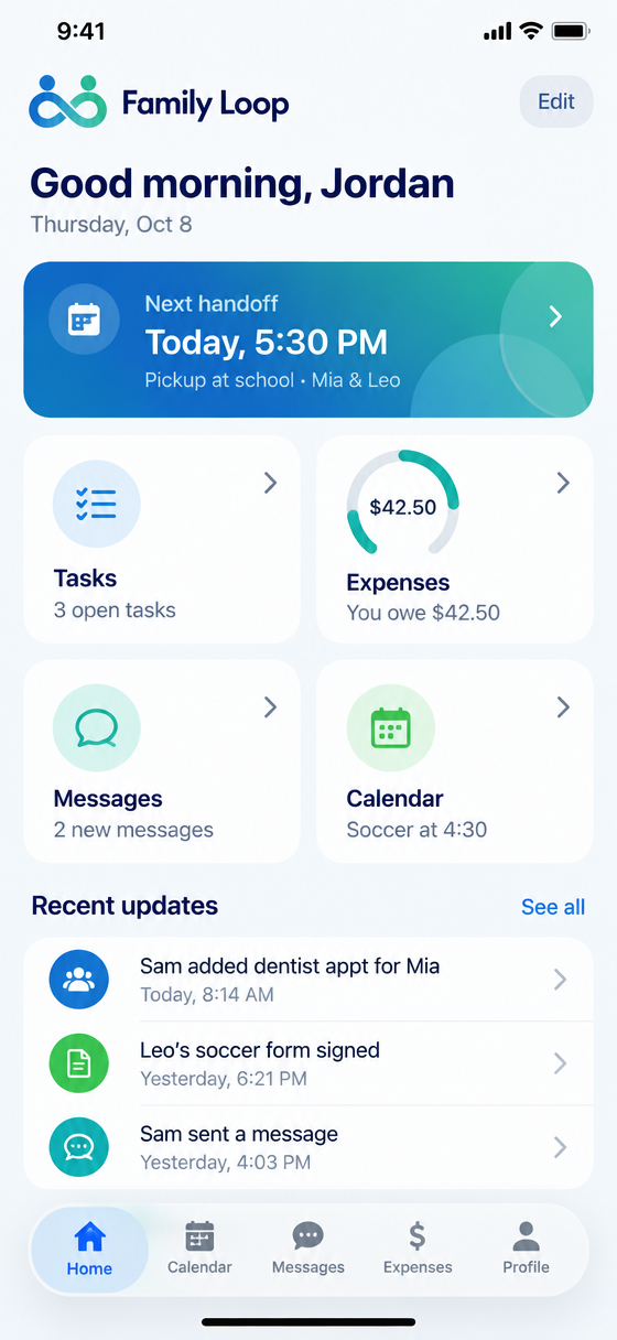 Family Loop home screen showing the next handoff, tasks, expenses, messages, and calendar